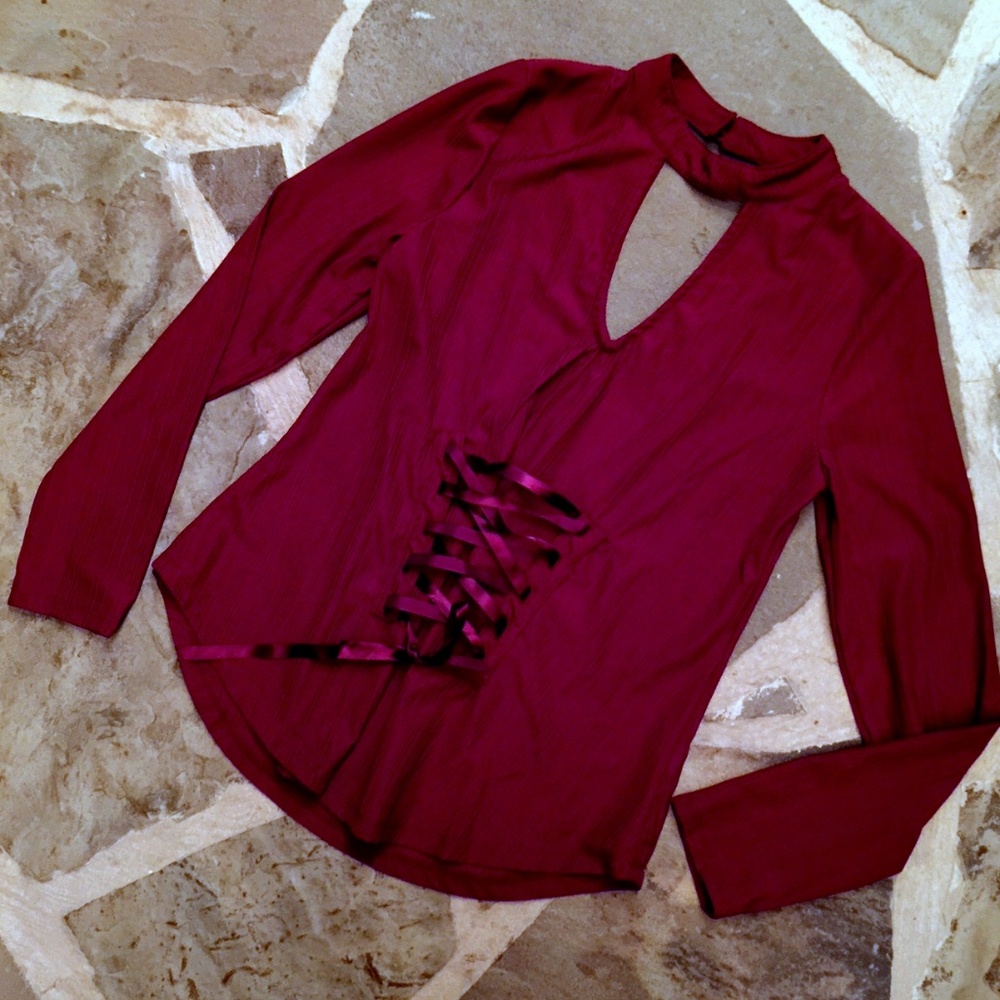 Self Esteem Long Sleeve Lace Up Key Hole Blouse